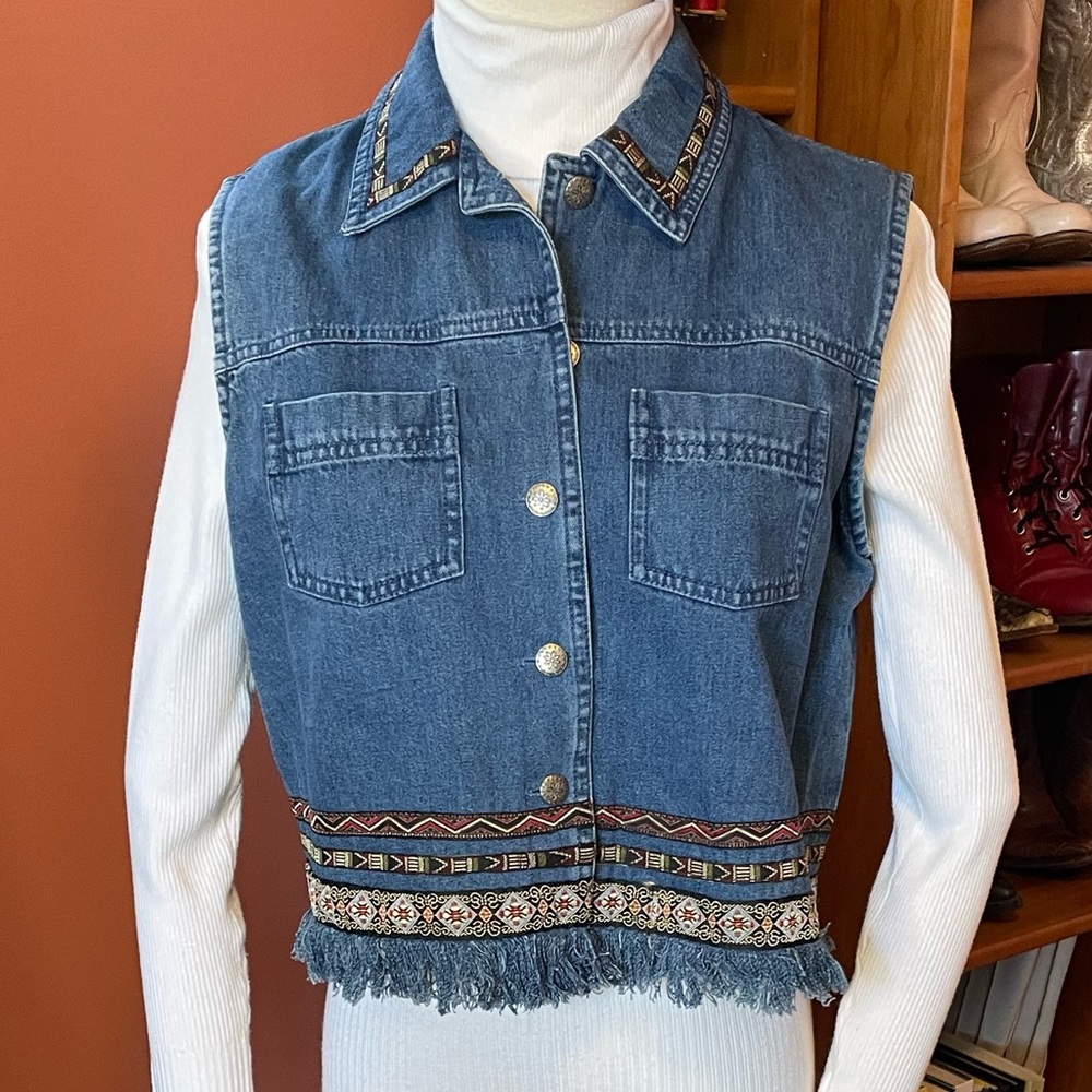 Vintage 90 Western Denim Embroidery Fringe Trim Vest